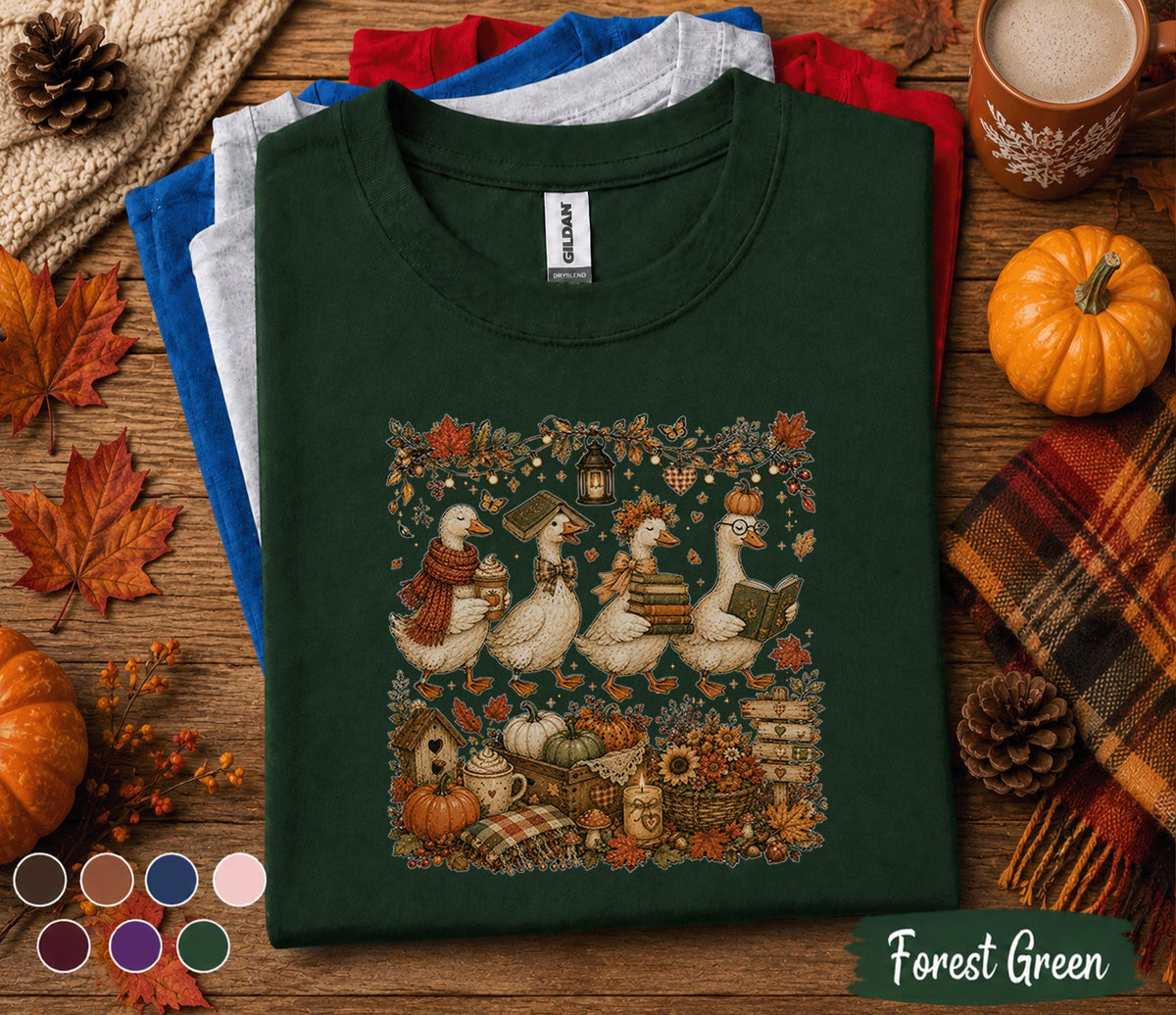 Cute Autumn Goose Shirt, Cozy Fall Reading Goose Tee, Cottagecore Duck Pumpkin T-Shirt, Book Lover Thanksgiving Gift, Harvest Season Outfit