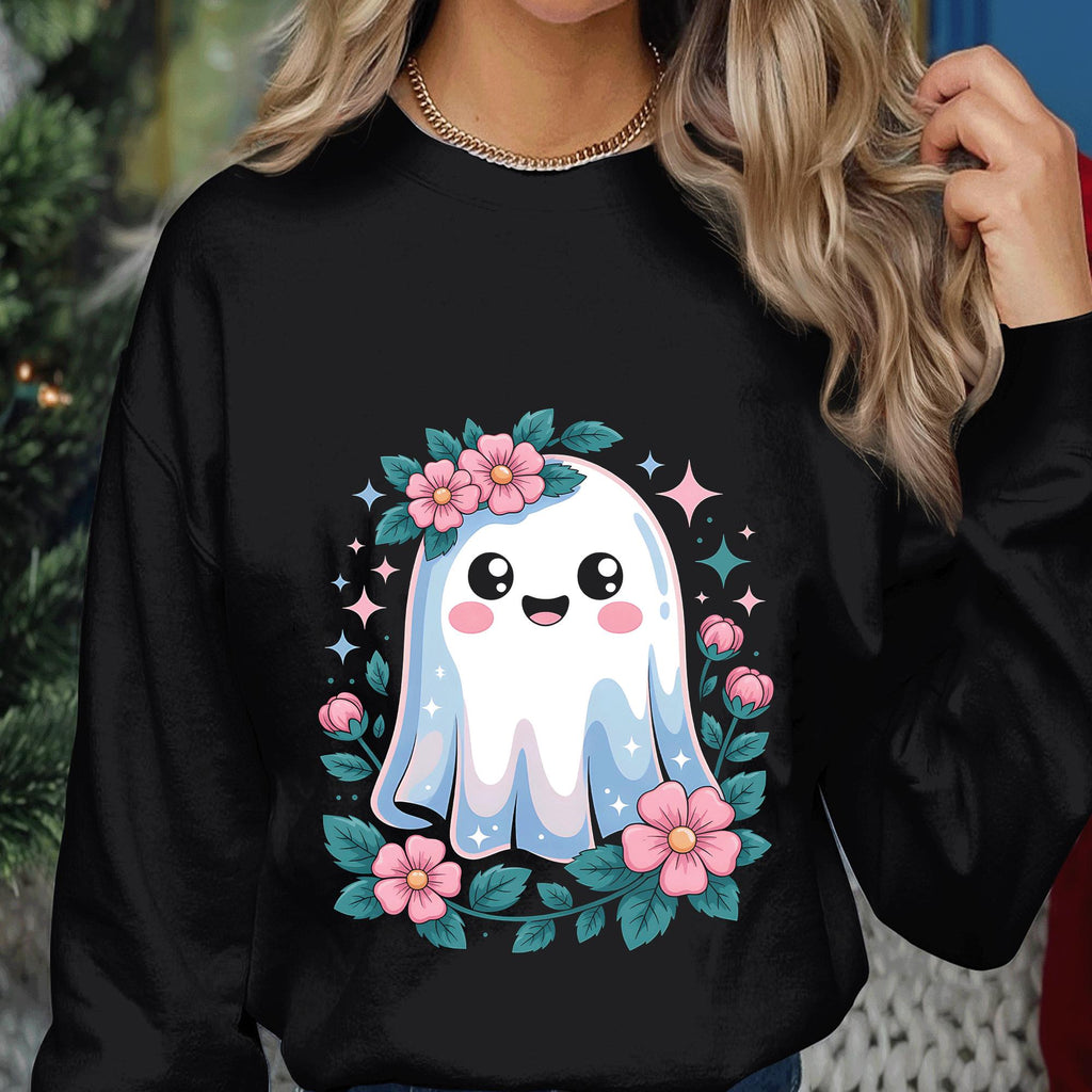 Pastel Cute Ghost Shirt, Floral Kawaii Halloween Spirit Tee, Spooky Season Top, Ghost Sweatshirt Girl, Women Halloween Sweatshirt Gift