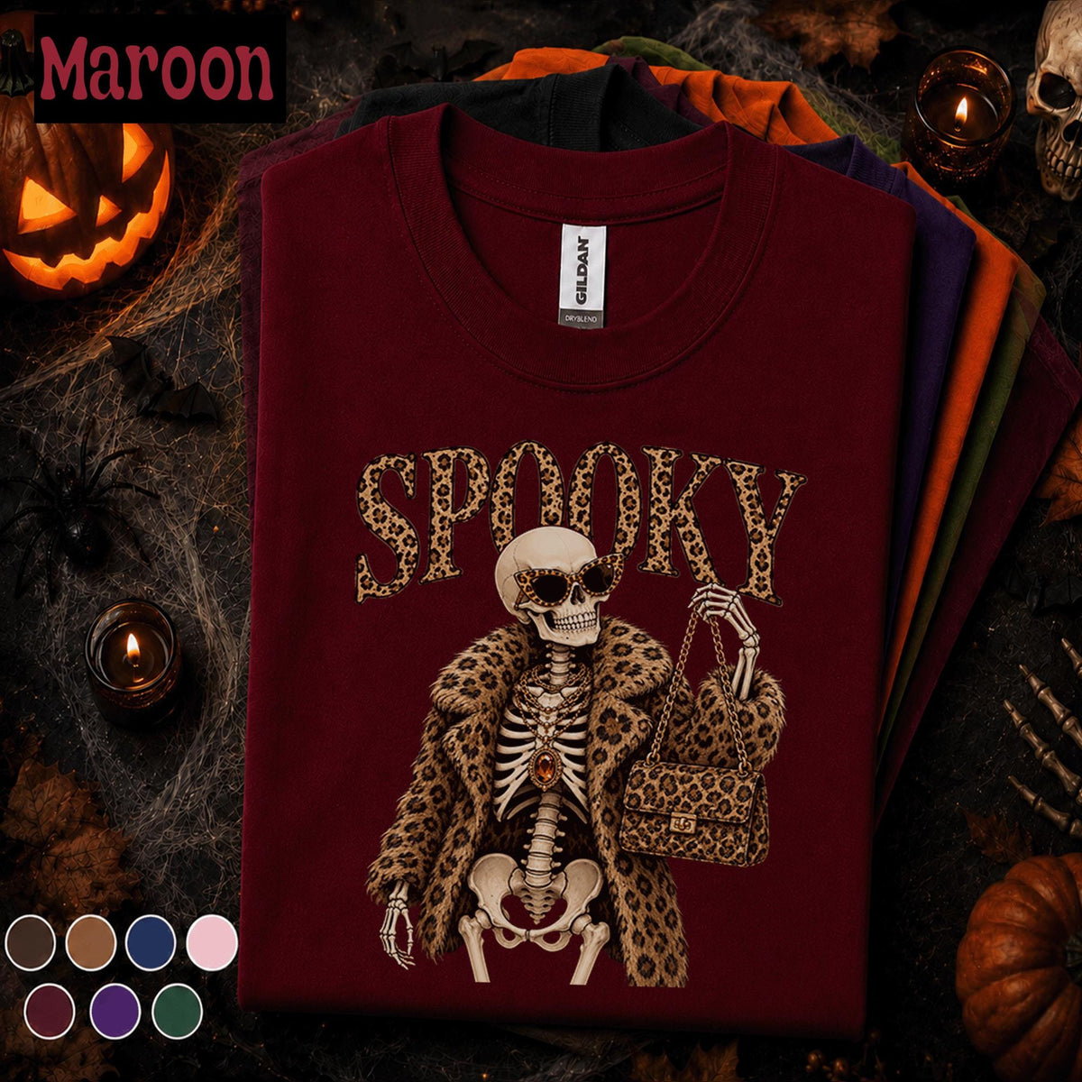 Spooky Skeleton Halloween Shirt, Leopard Print Skeleton Tee, Fashion Halloween, Glam Spooky Season Shirt, Skeleton Lover Gift