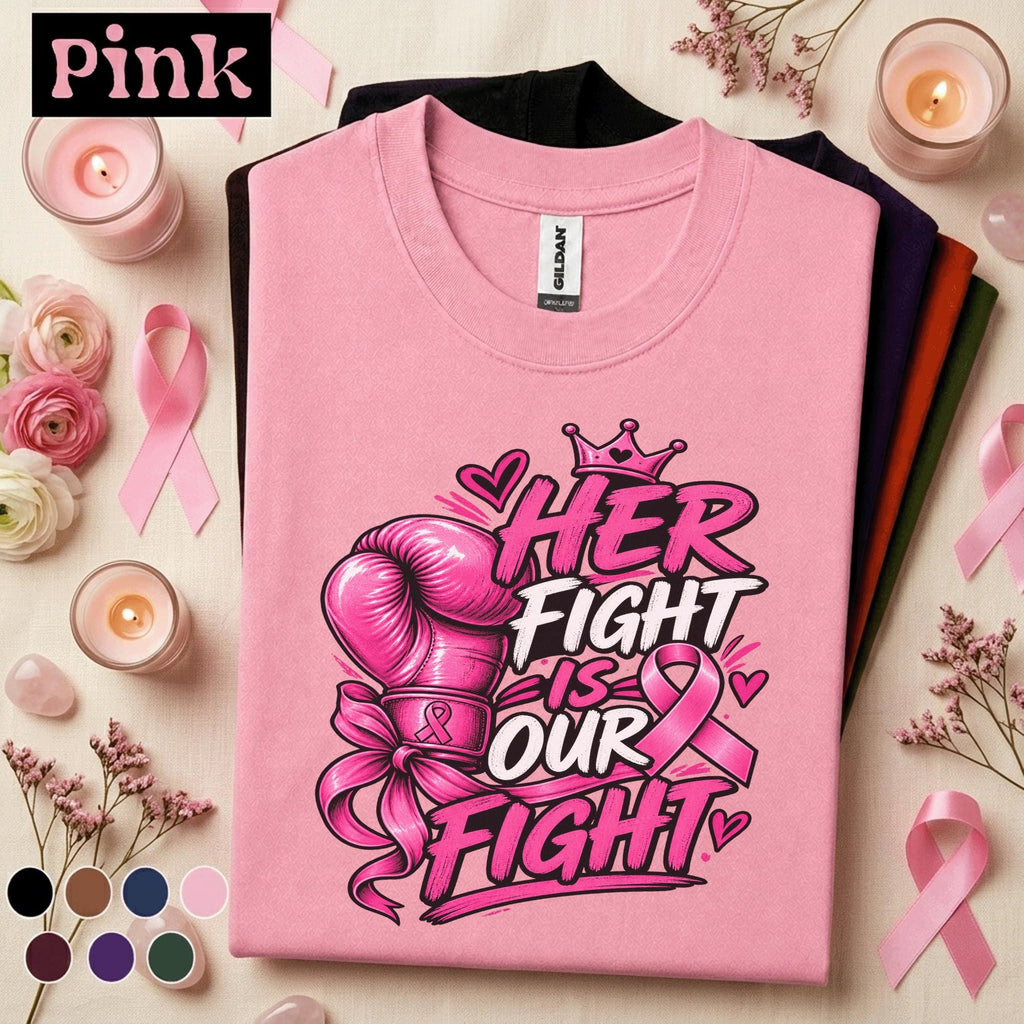 Breast Cancer Awareness Shirt, Her Fight Is Our Fight Tee, Pink Ribbon Boxing Glove Shirt, Support Squad Gift for Women Family Friends