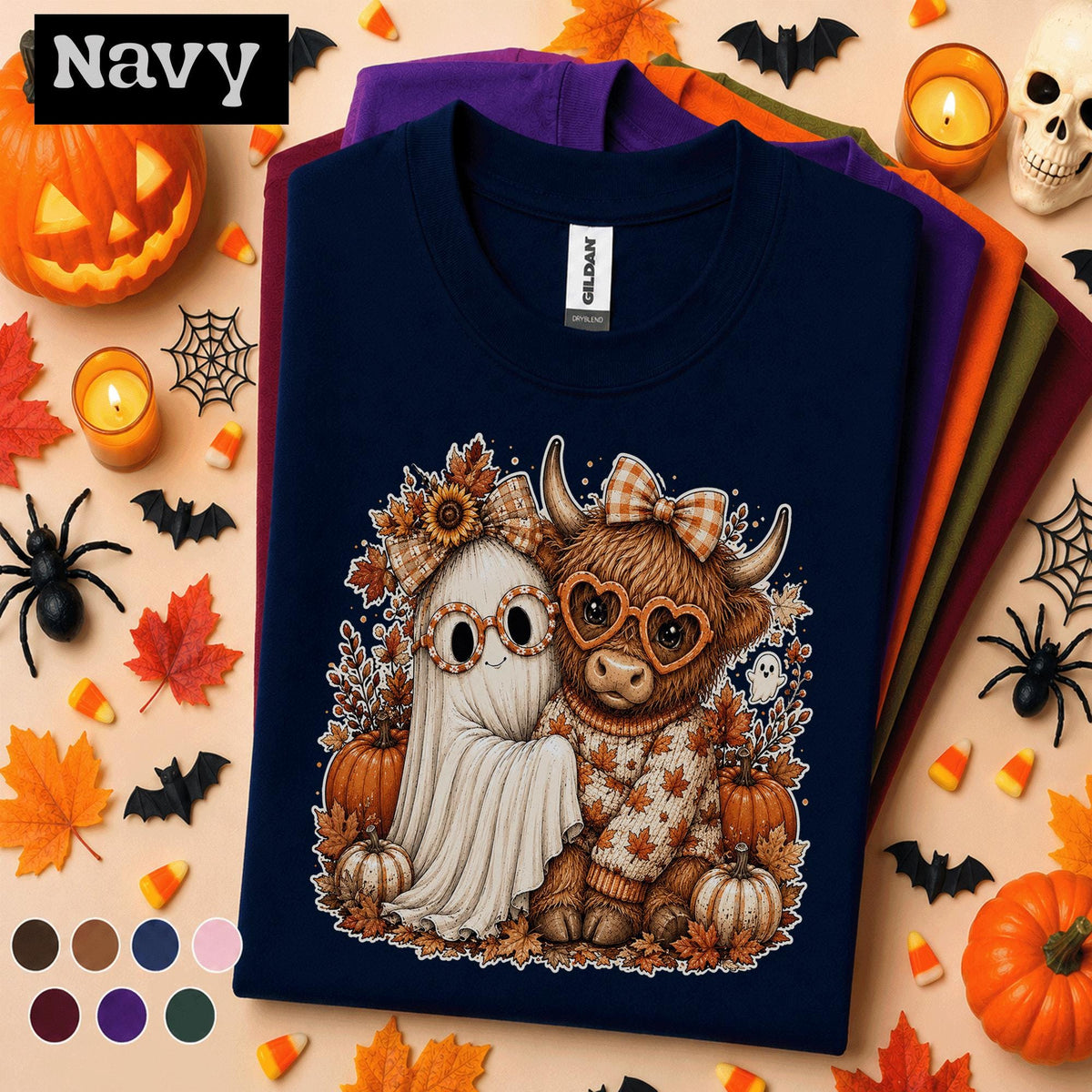Cute Ghost Halloween Shirt, Highland Cow Fall Tee, Pumpkin Autumn Tshirt, Cozy Spooky Season Shirt, Cute Halloween Gift Tee
