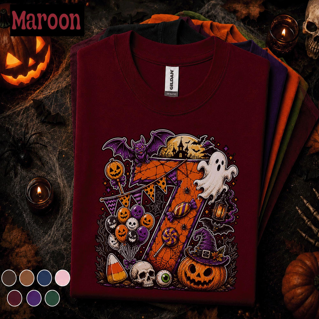 7th Birthday Halloween Shirt, Spooky Number 7 Birthday Tee, October Birthday Party T Shirt, Ghost Pumpkin Witch Kids Halloween Gift Tee