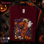 7th Birthday Halloween Shirt, Spooky Number 7 Birthday Tee, October Birthday Party T Shirt, Ghost Pumpkin Witch Kids Halloween Gift Tee