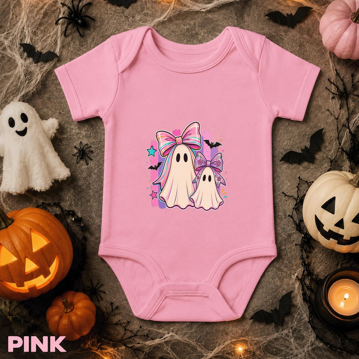 Cute Ghost Halloween Baby Bodysuit, Pink Bow Infant Onesie, Spooky Cute Baby Girl Outfit, Coquette First Halloween Gift for Baby Girl
