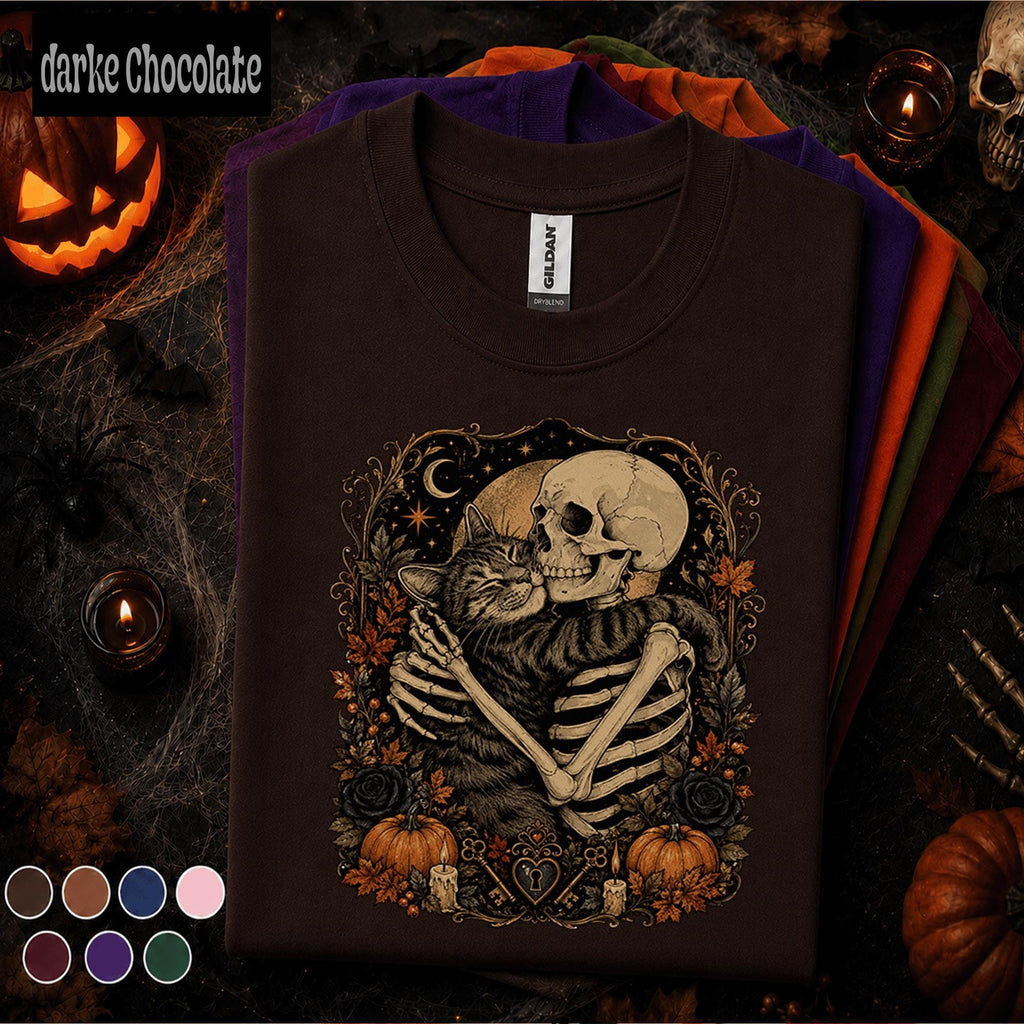 Skeleton Cat Halloween Shirt, Gothic Cat Lover Tee, Spooky Skeleton Hug Shirt, Vintage Halloween Tee, Dark Academia Fall Gift