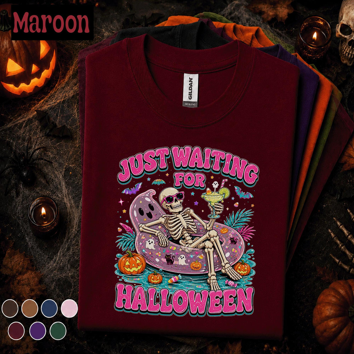 Just Waiting for Halloween Shirt, Funny Skeleton Pool Float Tee, Spooky Summer Halloween Shirt, Pink Halloween Skeleton Gift