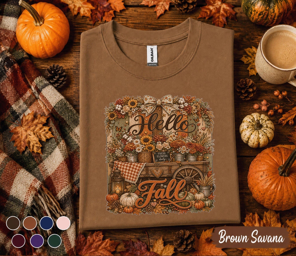 Hello Fall Shirt, Autumn Floral Wagon Tee, Pumpkin Harvest Shirt, Cozy Farmhouse Fall T-Shirt, Thanksgiving Gift for Her, Country Autumn