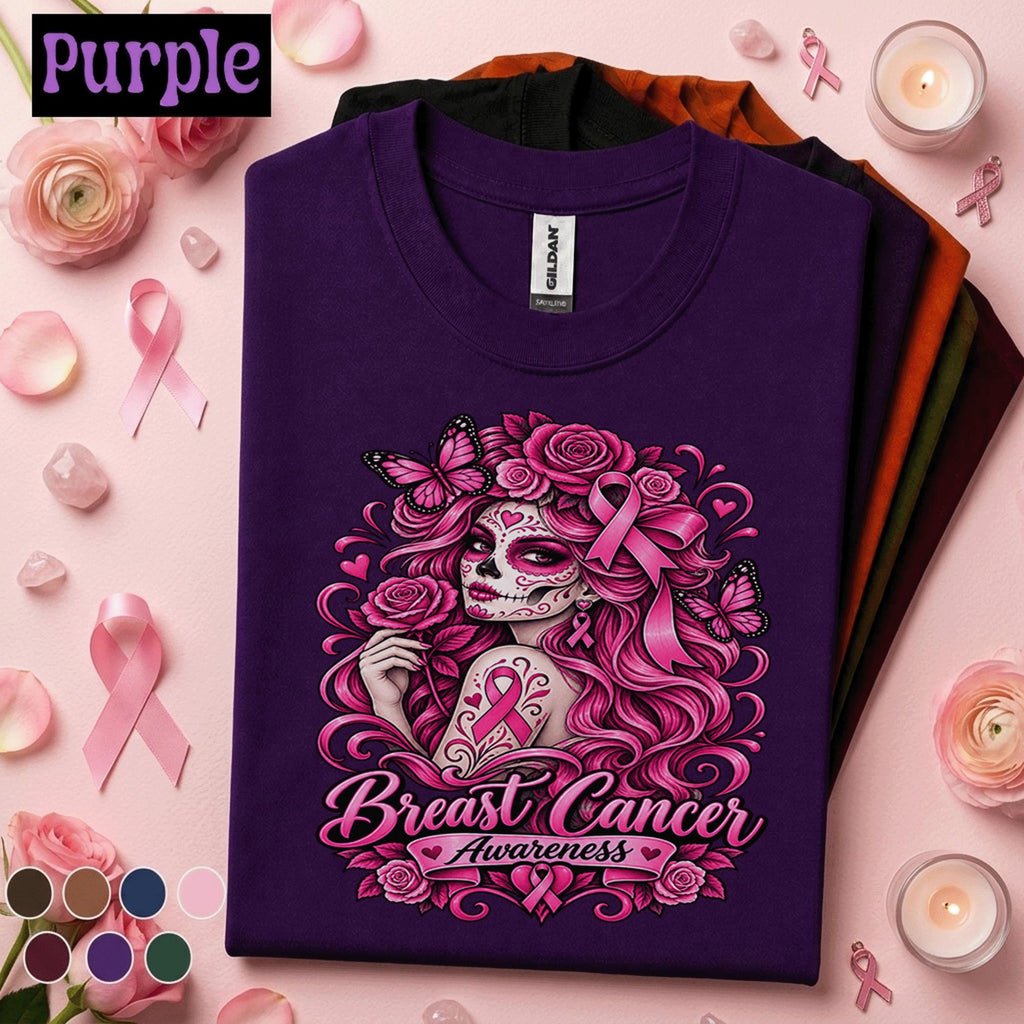 Breast Cancer Awareness Shirt, Pink Ribbon Sugar Skull Tee, Floral Butterfly Survivor Shirt, October Cancer Fighter Gift for Women Her