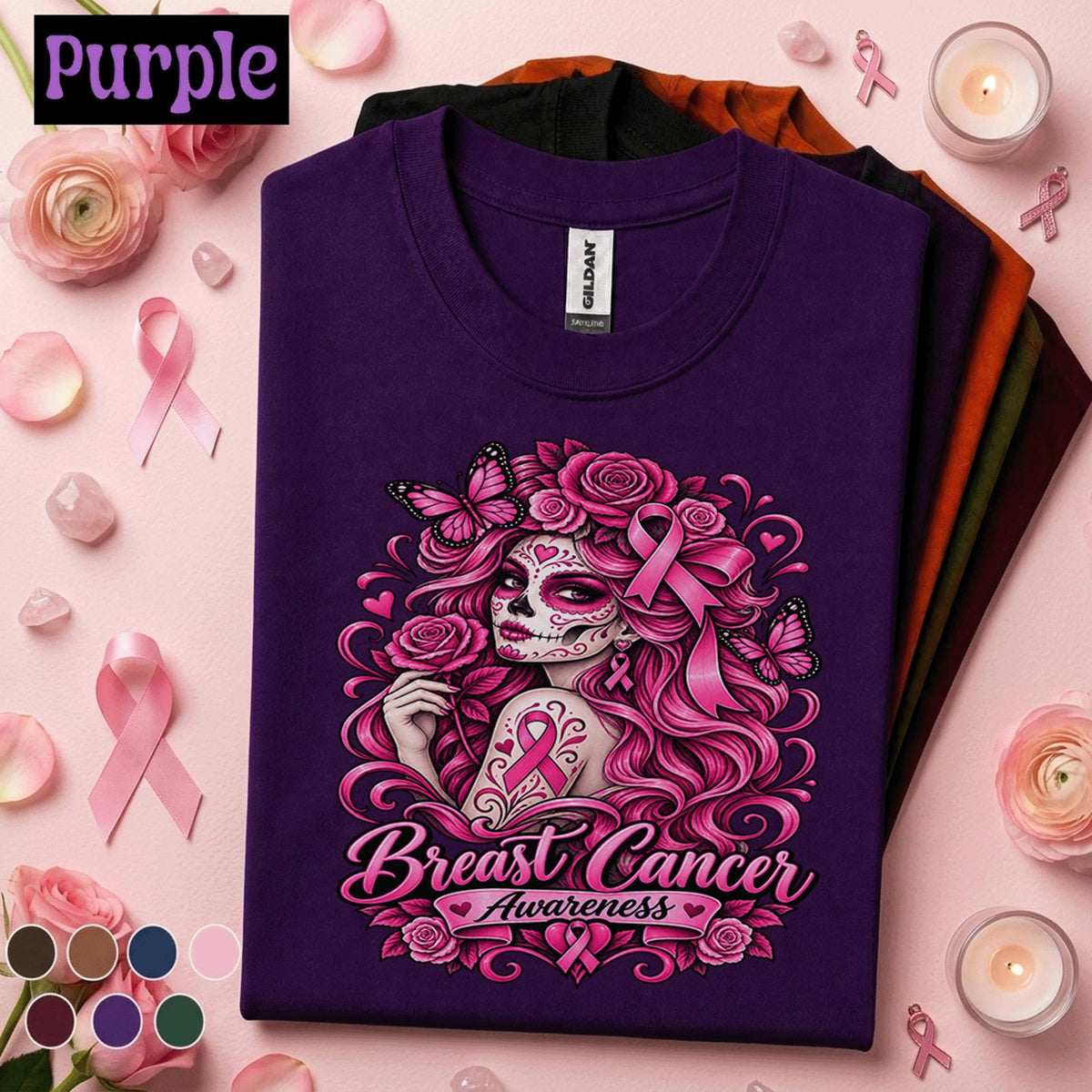 Breast Cancer Awareness Shirt, Pink Ribbon Sugar Skull Tee, Floral Butterfly Survivor Shirt, October Cancer Fighter Gift for Women Her