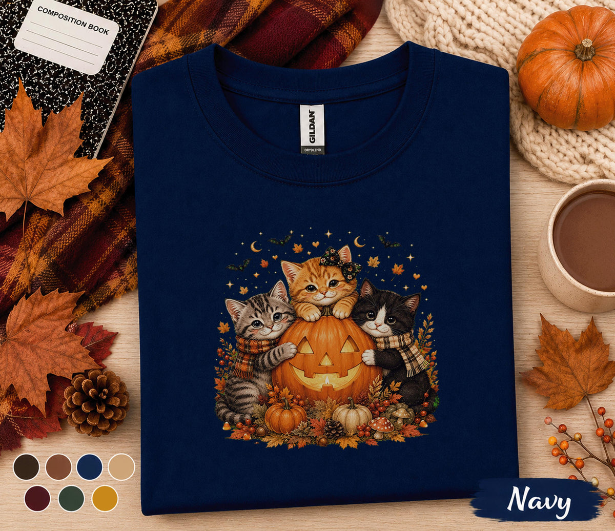 Cute Halloween Cat Fall Shirt, Pumpkin Kitten Fall Tee, Black Orange Gray Cats , Autumn Cat Lover Gift, Spooky Season T-Shirt