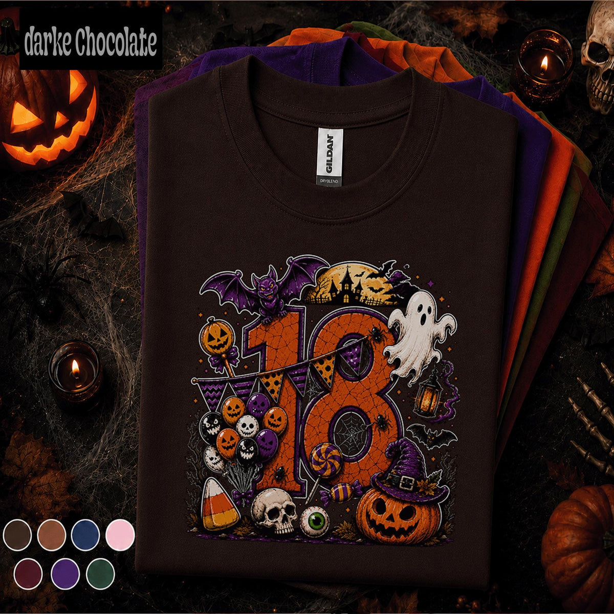 18th Birthday Halloween Shirt, Spooky Number 18 Tee, October Birthday Party Shirt, Ghost Pumpkin Witch Halloween Gift for Teen Girls Boys