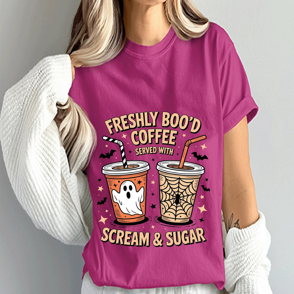 Freshly Boo’d Coffee Shirt, Funny Halloween Ghost Pumpkin Halloween Coffee Lover Tee, Spooky Barista Shirt With Scream And Sugar Sweatshirt