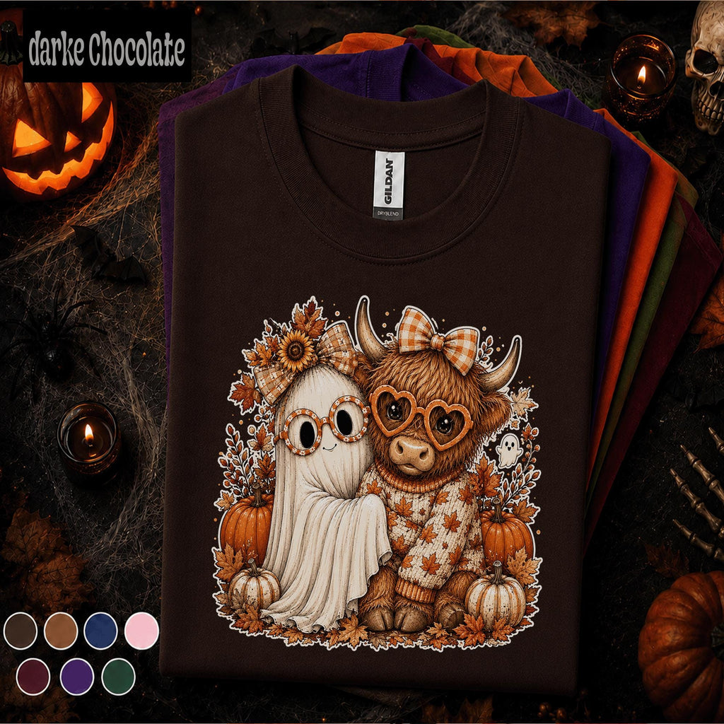 Cute Ghost Halloween Shirt, Highland Cow Fall Tee, Pumpkin Autumn Tshirt, Cozy Spooky Season Shirt, Cute Halloween Gift Tee