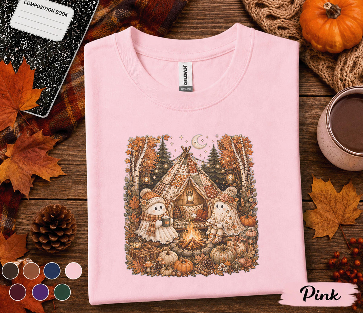 Cute Ghost Camping Fall Shirt, Cozy Autumn Campfire Ghost Sweatshirt, Halloween Glamping Tee, Pumpkin Camp Shirt, Spooky Season Nature Gift
