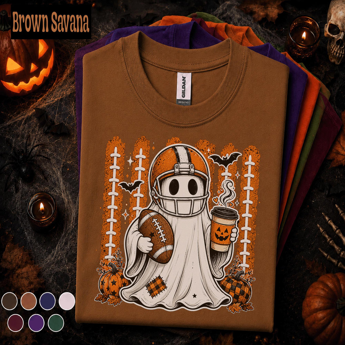 Halloween Football Shirt, Ghost Football Tee, Spooky Game Day Shirt, Pumpkin Coffee Fall Tee, Cute Football Season Gift for Fans