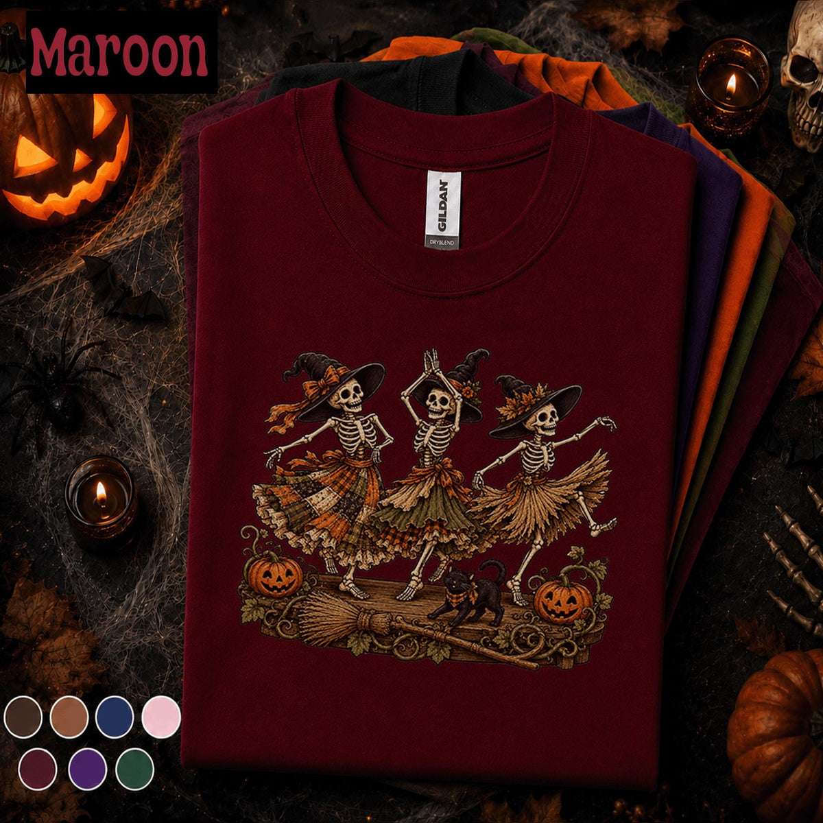 Dancing Skeleton Witch Halloween Shirt, Spooky Season T Shirt, Vintage Witchy Skeleton Tee, Pumpkin Black Cat, Gothic Fall Gift