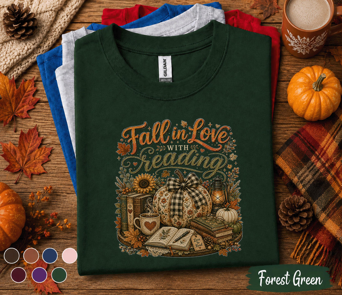 Fall in Love with Reading Shirt, Cozy Autumn Book Lover Tee, Pumpkin Library T-Shirt, Teacher Librarian Gift, Fall Bookworm Outfit