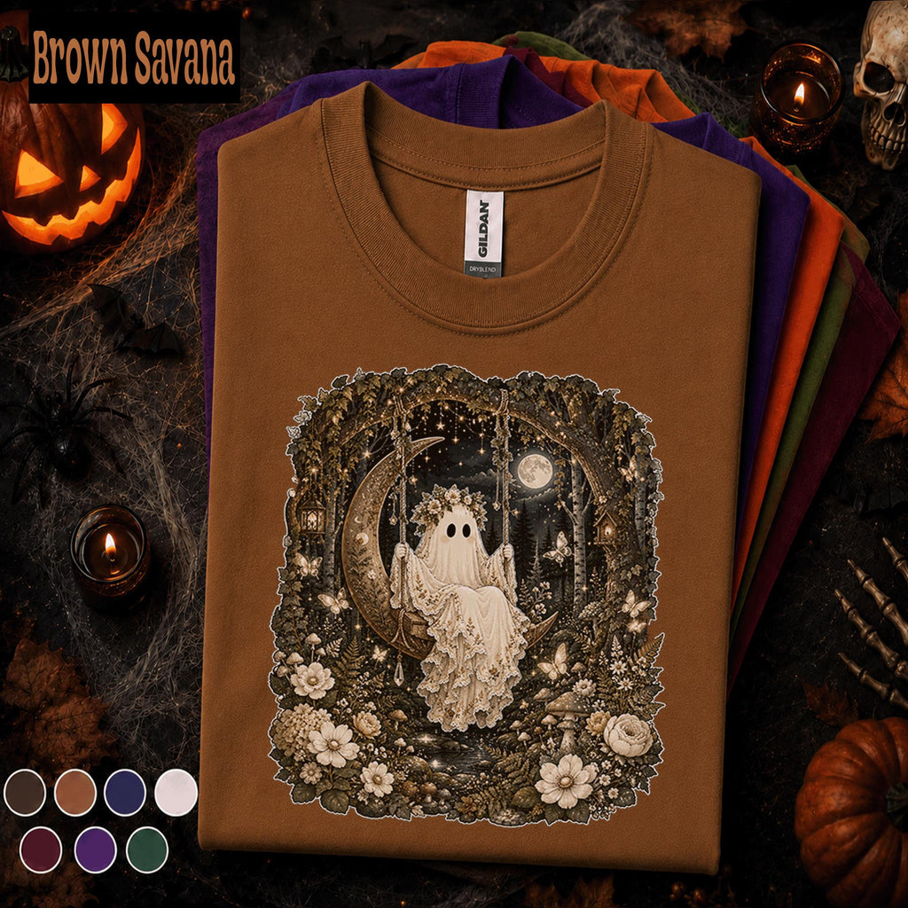 Boho Ghost Halloween Shirt, Crescent Moon Swing Tee, Whimsical Spooky Forest Shirt, Cottagecore Halloween Gift for Women