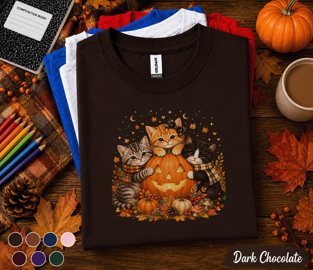 Cute Halloween Cat Fall Shirt, Pumpkin Kitten Fall Tee, Black Orange Gray Cats , Autumn Cat Lover Gift, Spooky Season T-Shirt