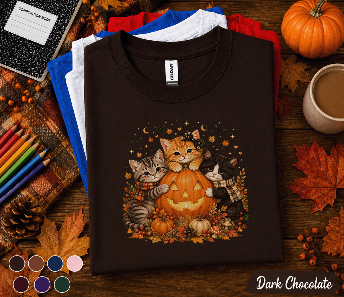 Cute Halloween Cat Fall Shirt, Pumpkin Kitten Fall Tee, Black Orange Gray Cats , Autumn Cat Lover Gift, Spooky Season T-Shirt