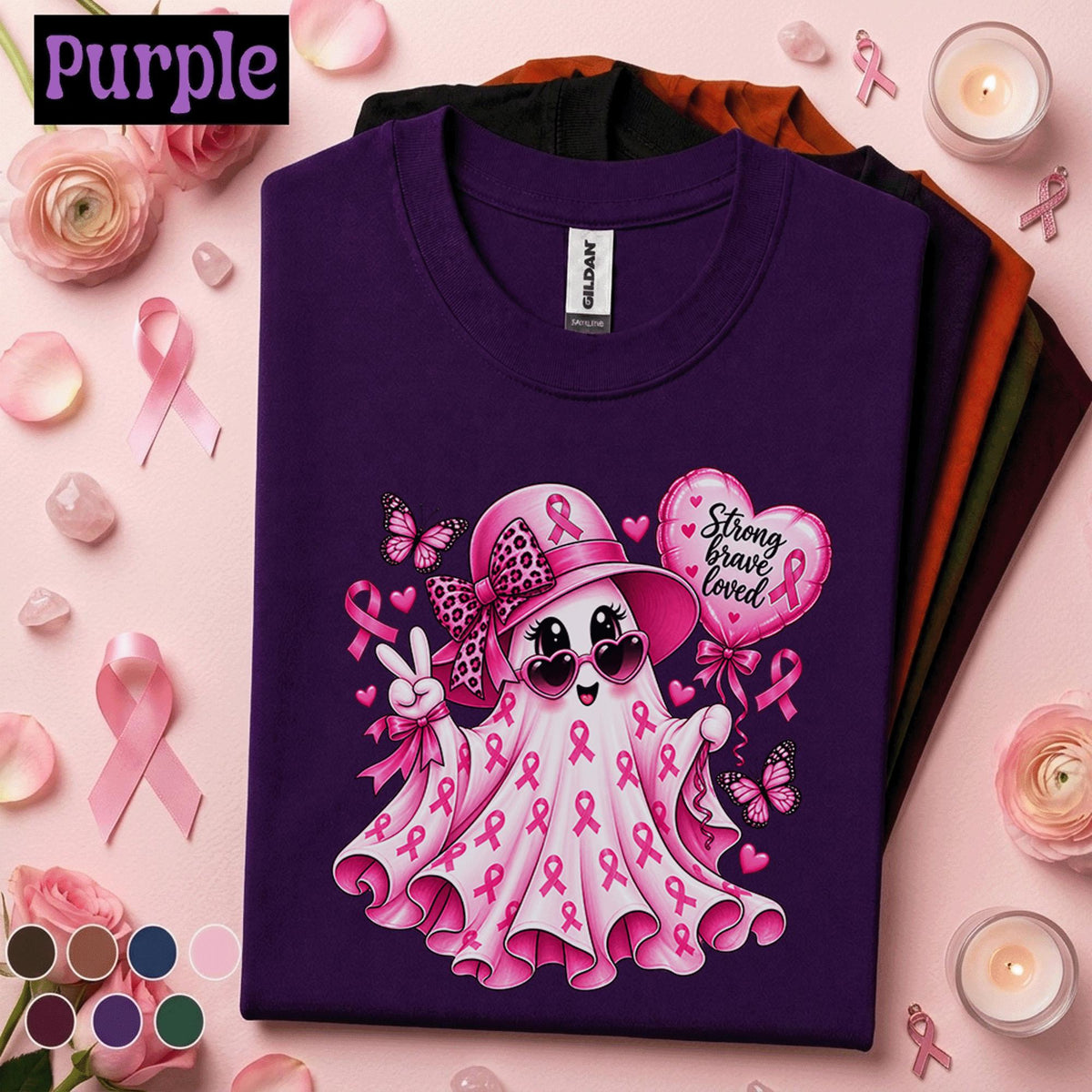 Breast Cancer Awareness Shirt, Pink Ribbon Ghost Tee, Strong Brave Loved Shirt, Cute Pink Out October Halloween Support Gift for Women