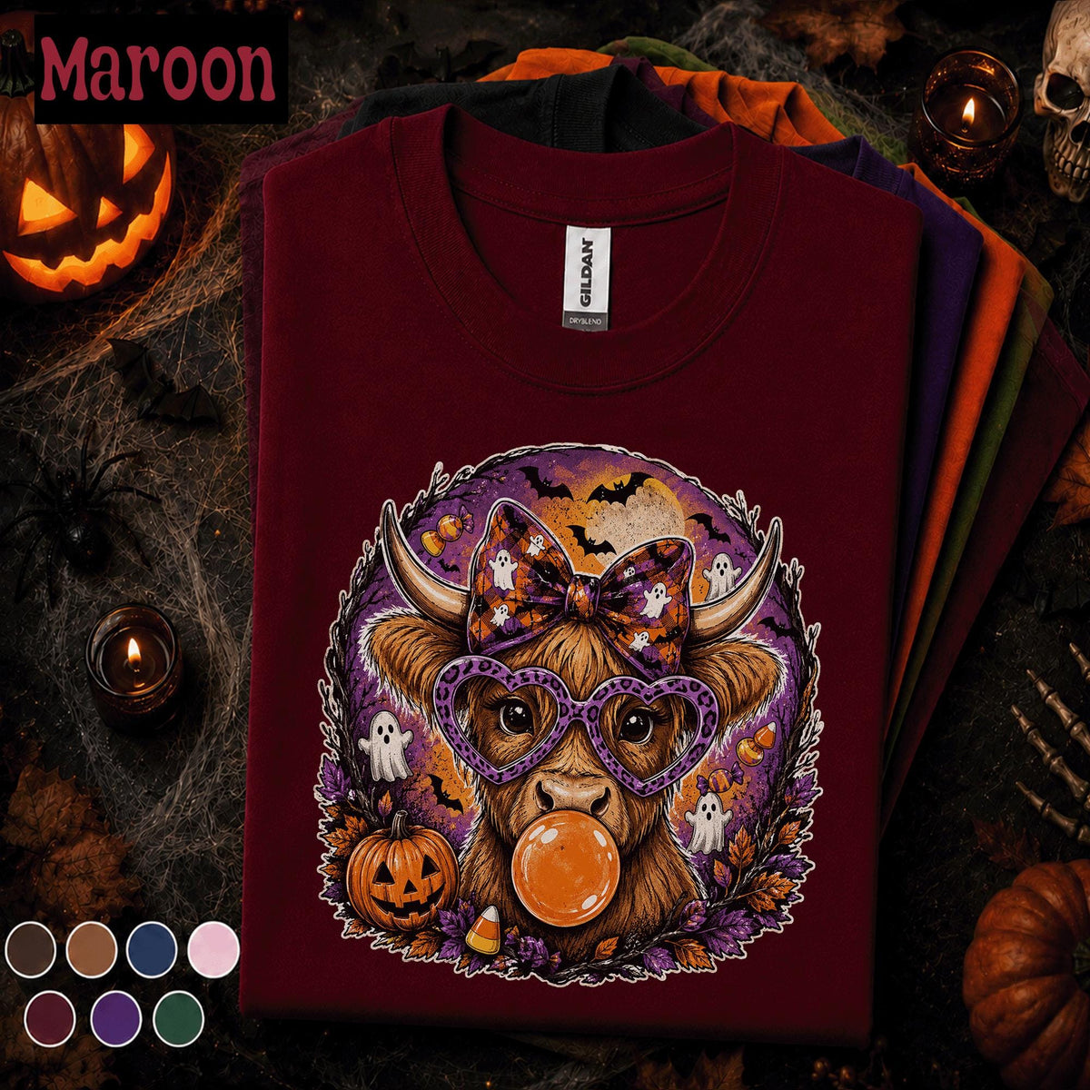 Highland Cow Halloween Shirt, Cute Spooky Cow Tee, Ghost Pumpkin T Shirt, Halloween Cow Gift, Retro Fall Farmhouse Tee For Her