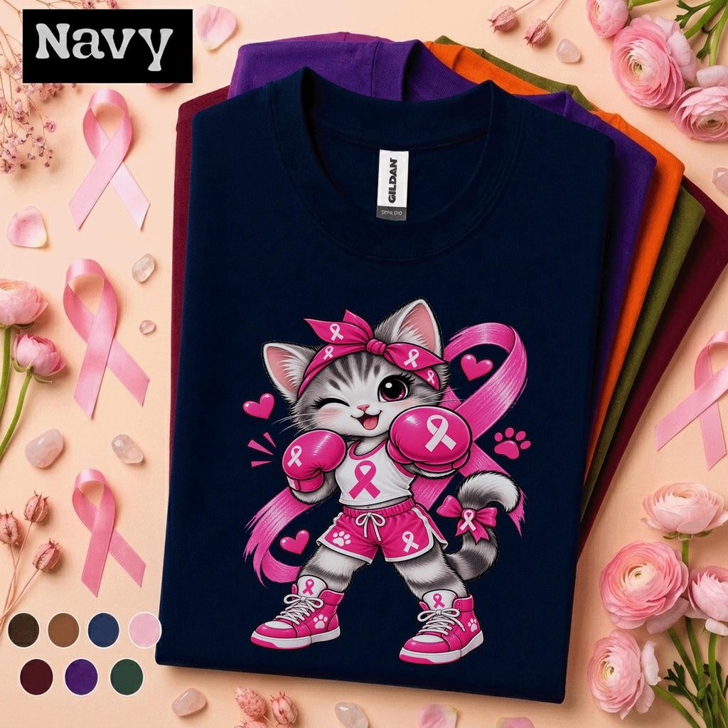 Breast Cancer Awareness Shirt, Cute Boxing Cat Pink Ribbon Tee, Cancer Fighter Support Shirt, Pink October Warrior Gift for Women Tee
