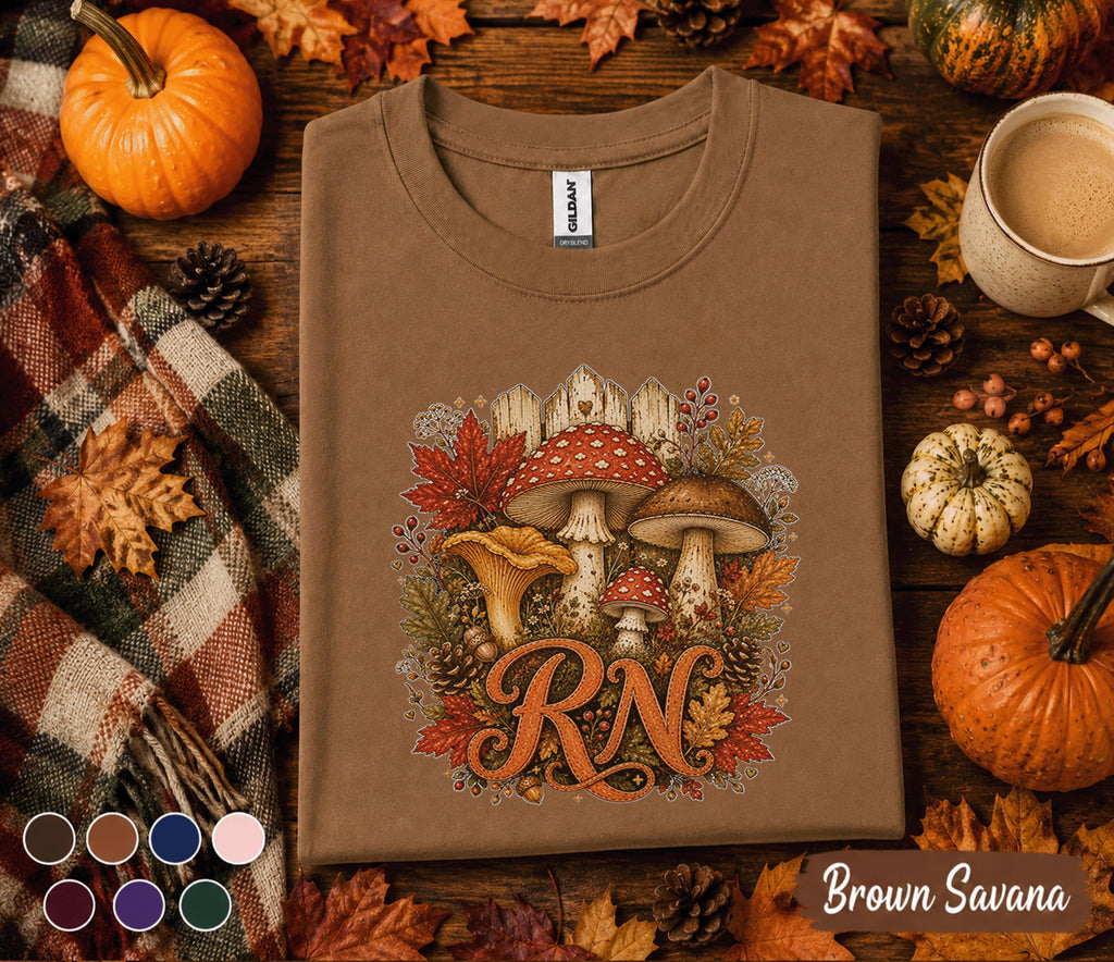 Fall RN Nurse Shirt, Autumn Mushroom RN Tee, Woodland Nurse Shirt, Cozy Registered Nurse Gift, Medical Fall Sweatshirt, Healthcare Worker