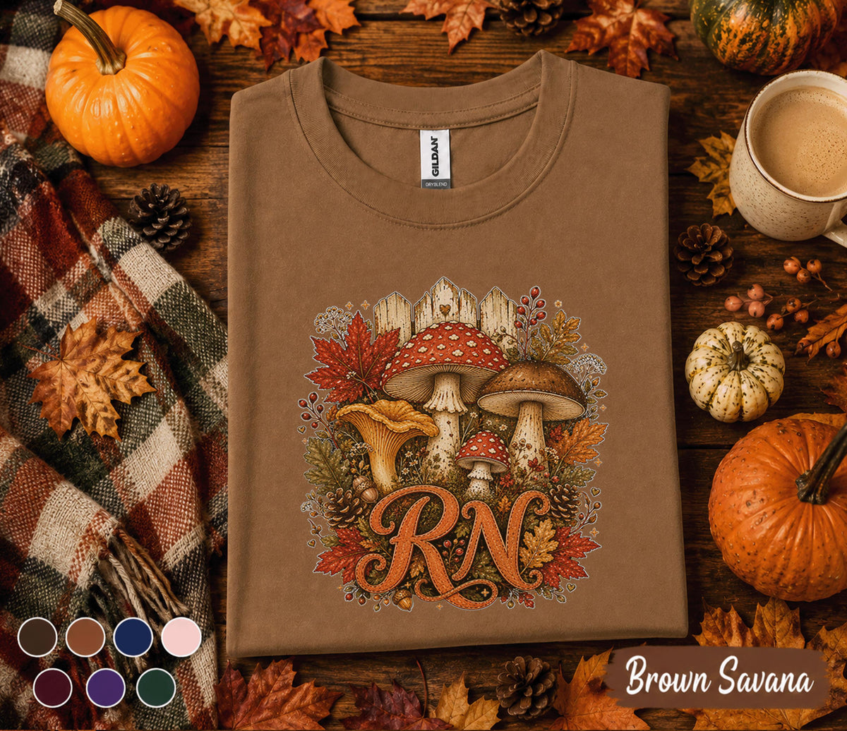 Fall RN Nurse Shirt, Autumn Mushroom RN Tee, Woodland Nurse Shirt, Cozy Registered Nurse Gift, Medical Fall Sweatshirt, Healthcare Worker