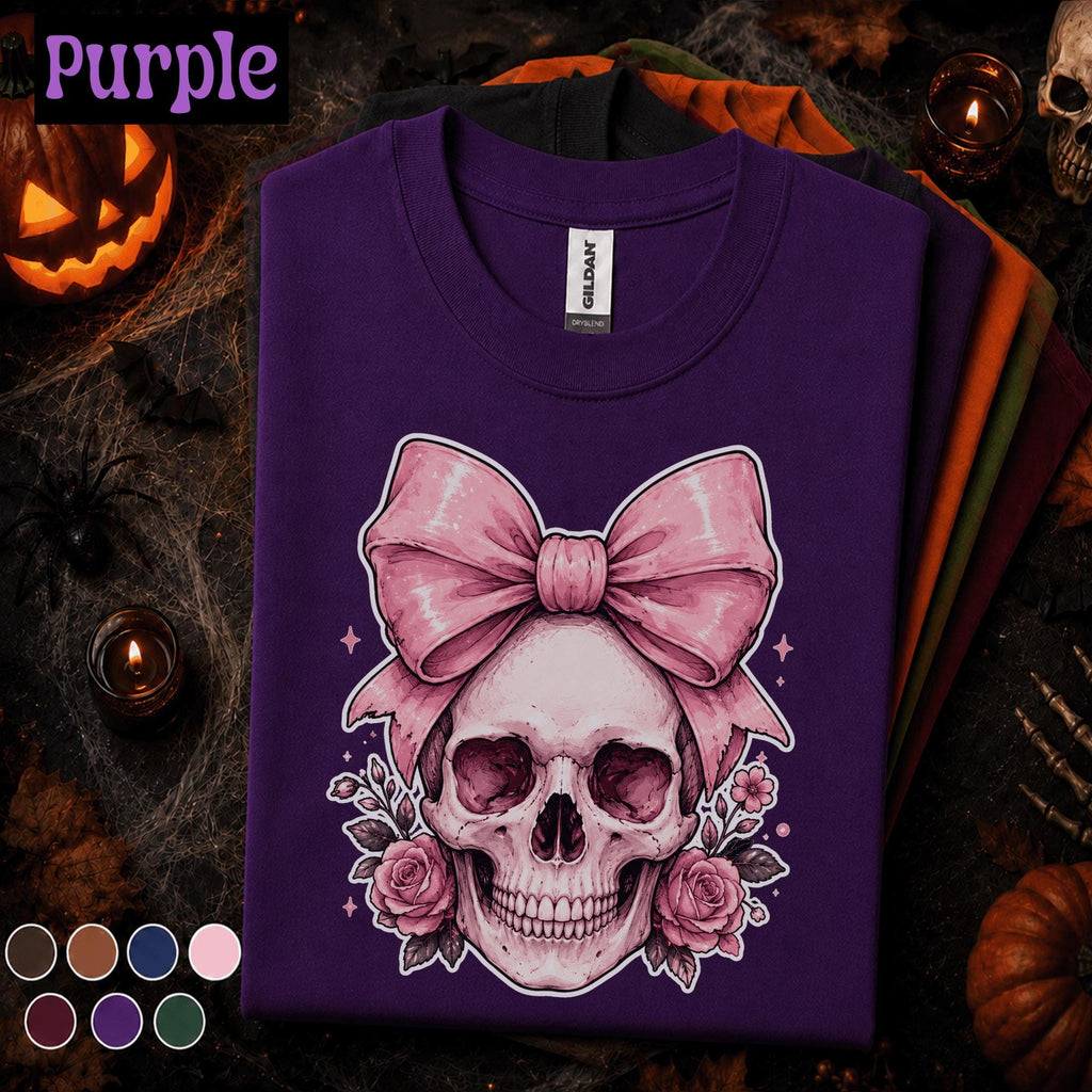 Pink Bow Skull Halloween Shirt, Coquette Skeleton Tee, Floral Skull T Shirt, Girly Spooky Season Top, Gothic Halloween Gift for Women