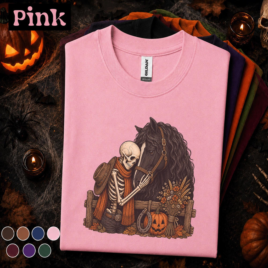 Skeleton Horse Halloween Shirt, Spooky Equestrian Tee, Western Cowboy Skeleton Gift, Black Horse Pumpkin Fall Rider Gothic Shirt Tee