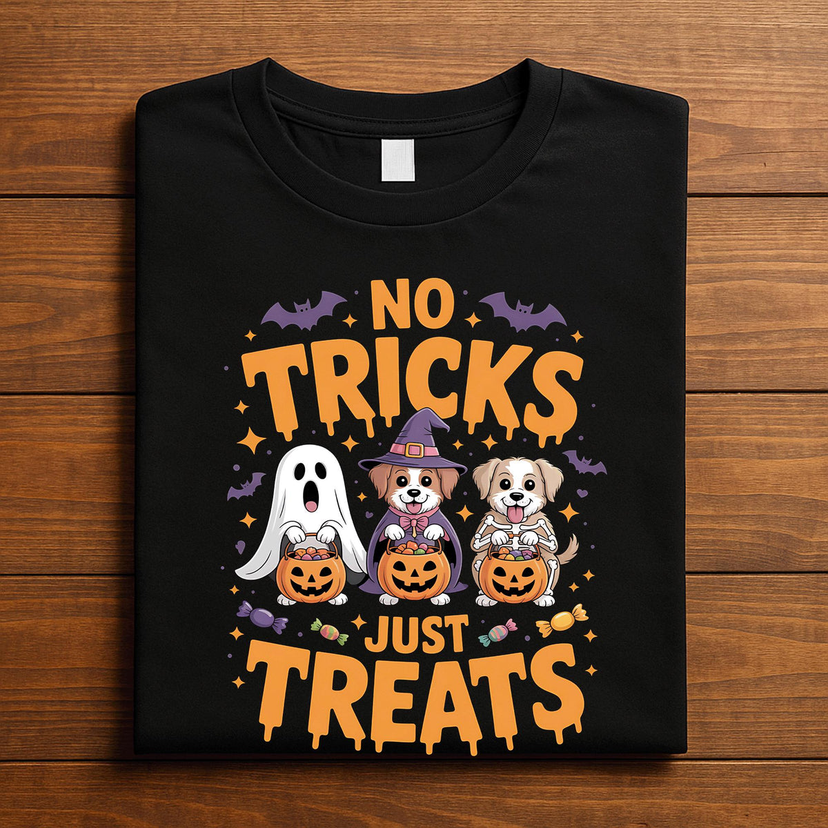 No Tricks Just Treats Shirt, Cute Halloween Dogs in Ghost Witch Skeleton Costumes Holding Pumpkin, Funny Dog Halloween Shirt, Dog Sweatshirt