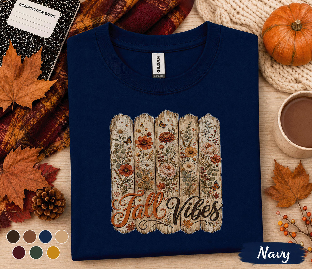 Fall Vibes Shirt, Rustic Autumn Floral Tee, Vintage Wildflower Fall Shirt, Cozy Harvest Season T-Shirt, Thanksgiving Gift for Women