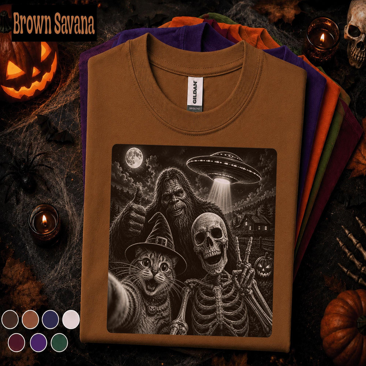 Bigfoot Halloween Shirt, Skeleton Witch Cat Selfie Tee, Funny Sasquatch UFO T Shirt, Spooky Cryptid Halloween Tee, Weird Gift
