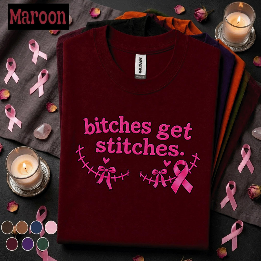 Breast Cancer Awareness Shirt, Bitches Get Stitches Pink Ribbon Tee, Funny Mastectomy Survivor Gift, October Cancer Support Shirt for Women