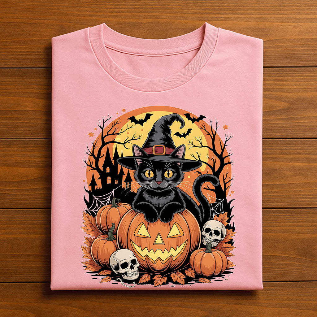 Halloween witch cat shirt pumpkins, skulls