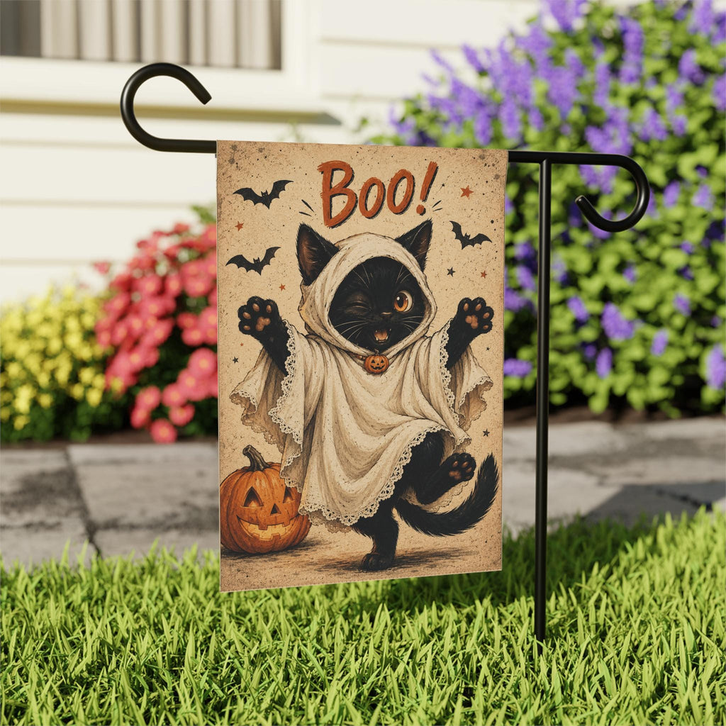 Black Cat Ghost Halloween Garden Flag, Cute Boo Yard Decor, Funny Cat Costume Flag, Pumpkin Spooky Outdoor Porch Garden Decoration