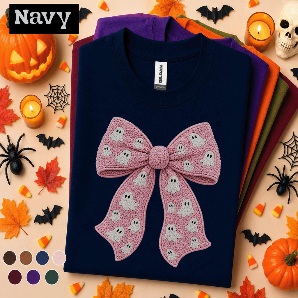 Pink Ghost Bow Halloween Shirt, Coquette Spooky Season Tee, Cute Crochet Ghost Shirt, Girly Halloween Bow Tee, Boo Gift for Women