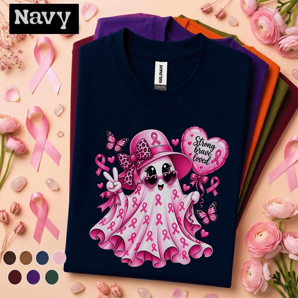Breast Cancer Awareness Shirt, Pink Ribbon Ghost Tee, Strong Brave Loved Shirt, Cute Pink Out October Halloween Support Gift for Women