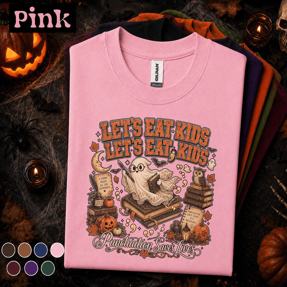 Funny English Teacher Halloween Shirt, Lets Eat Kids Punctuation Saves Lives Tee, Spooky Grammar Teacher Gift, Fall Classroom Educator Tee