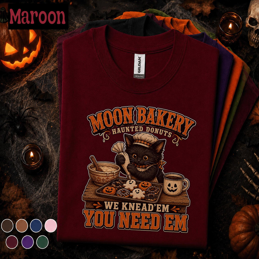 Black Cat Halloween Shirt, Moon Bakery Haunted Donuts Tee, Funny Baking Cat T Shirt, Spooky Baker Gift, Cute Fall Coffee Pumpkin Top