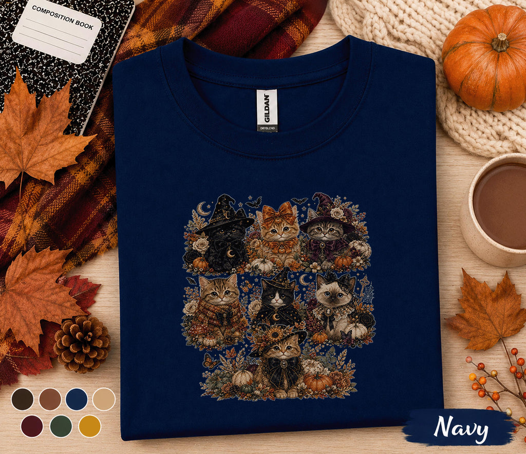 Cute Halloween Cat Shirt, Witch Kitten Pumpkin Tee, Spooky Black Cat T-Shirt, Autumn Cat Lover Gift, Cute Ghost Halloween Fall Shirt