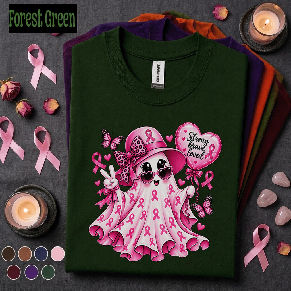 Breast Cancer Awareness Shirt, Pink Ribbon Ghost Tee, Strong Brave Loved Shirt, Cute Pink Out October Halloween Support Gift for Women