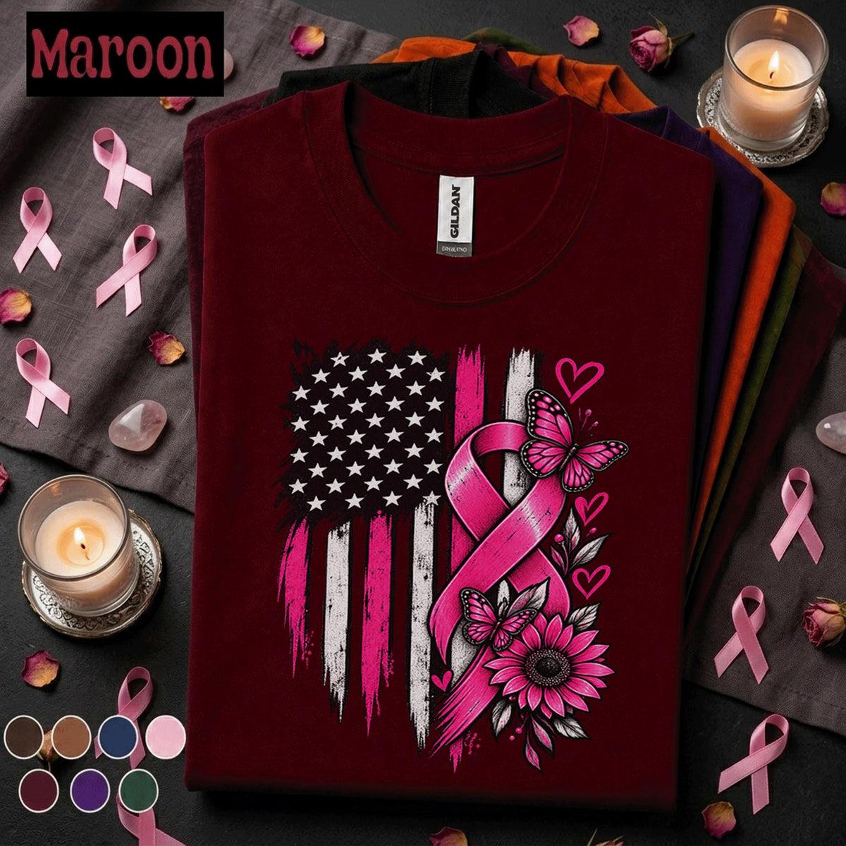Breast Cancer Awareness Shirt, Pink Ribbon American Flag Tee, Butterfly Floral Support Shirt, October Cancer Awareness Gift for Women