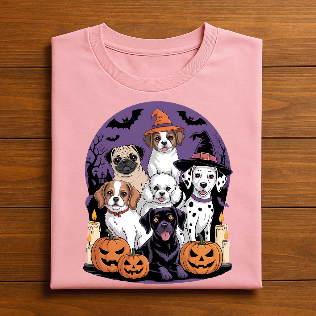 Cute Halloween Dog Shirt With Pumpkins And Witch Hats, Funny Puppy Group Graphic Tee