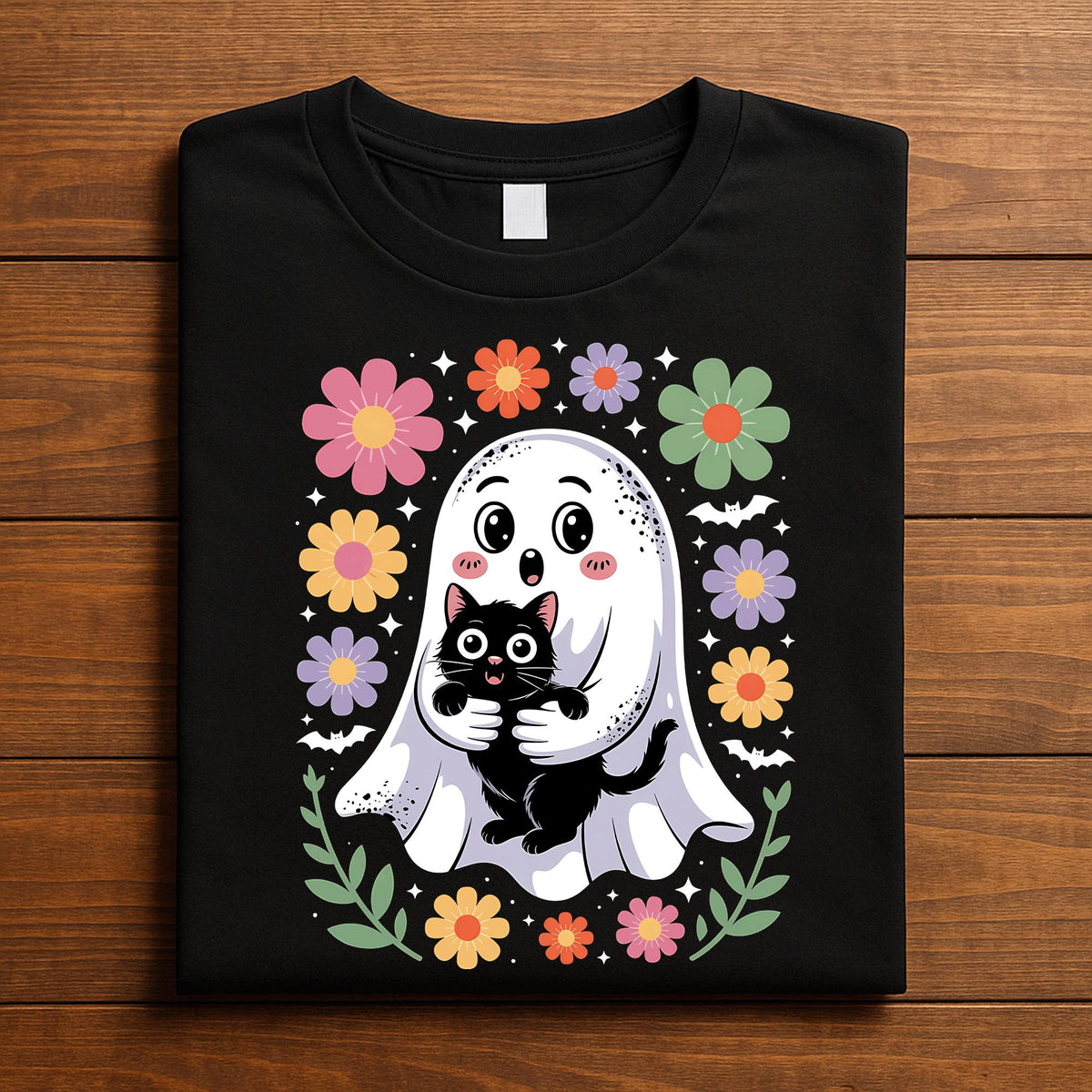 Cute Ghost Cat Flowers Shirt, Spooky Kawaii Halloween Tee