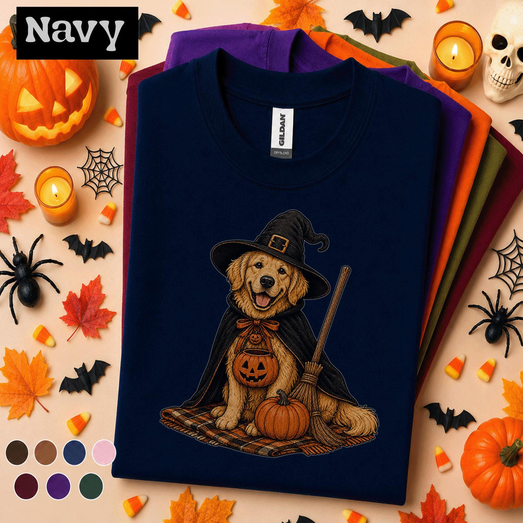 Golden Retriever Witch Halloween Shirt, Cute Spooky Dog Tee, Pumpkin Puppy Shirt, Dog Mom Halloween Gift, Vintage Fall Pet Lover Tee