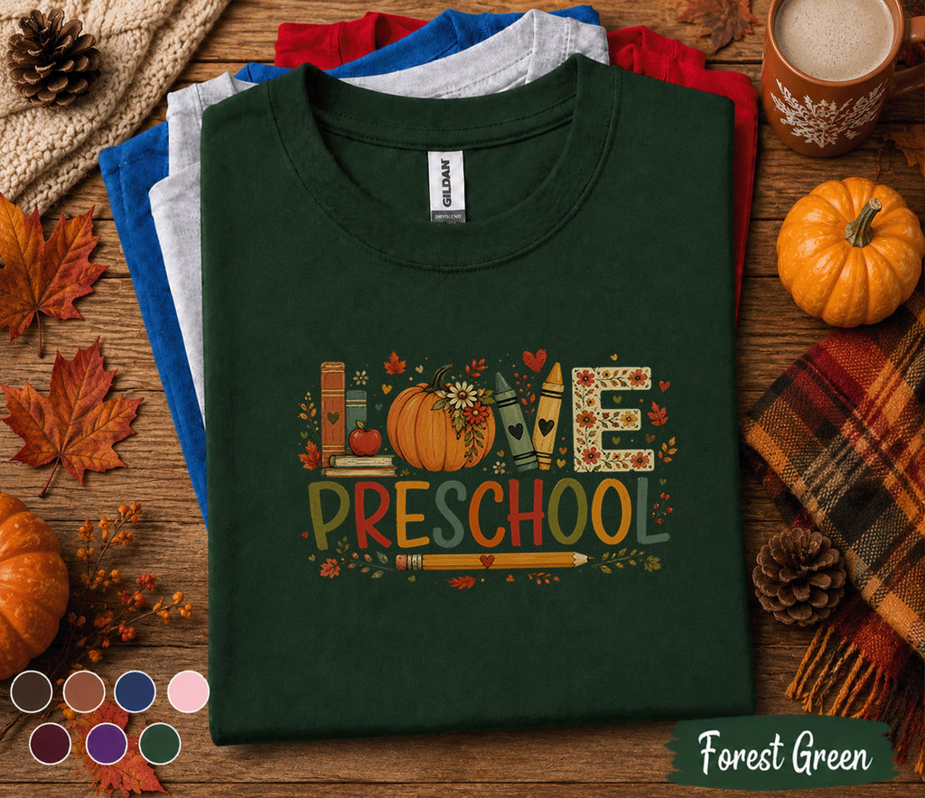 Love Preschool Teacher Shirt, Fall Preschool Pumpkin Tee, Cute Autumn Classroom, Back to School Teacher Gift T-Shirt