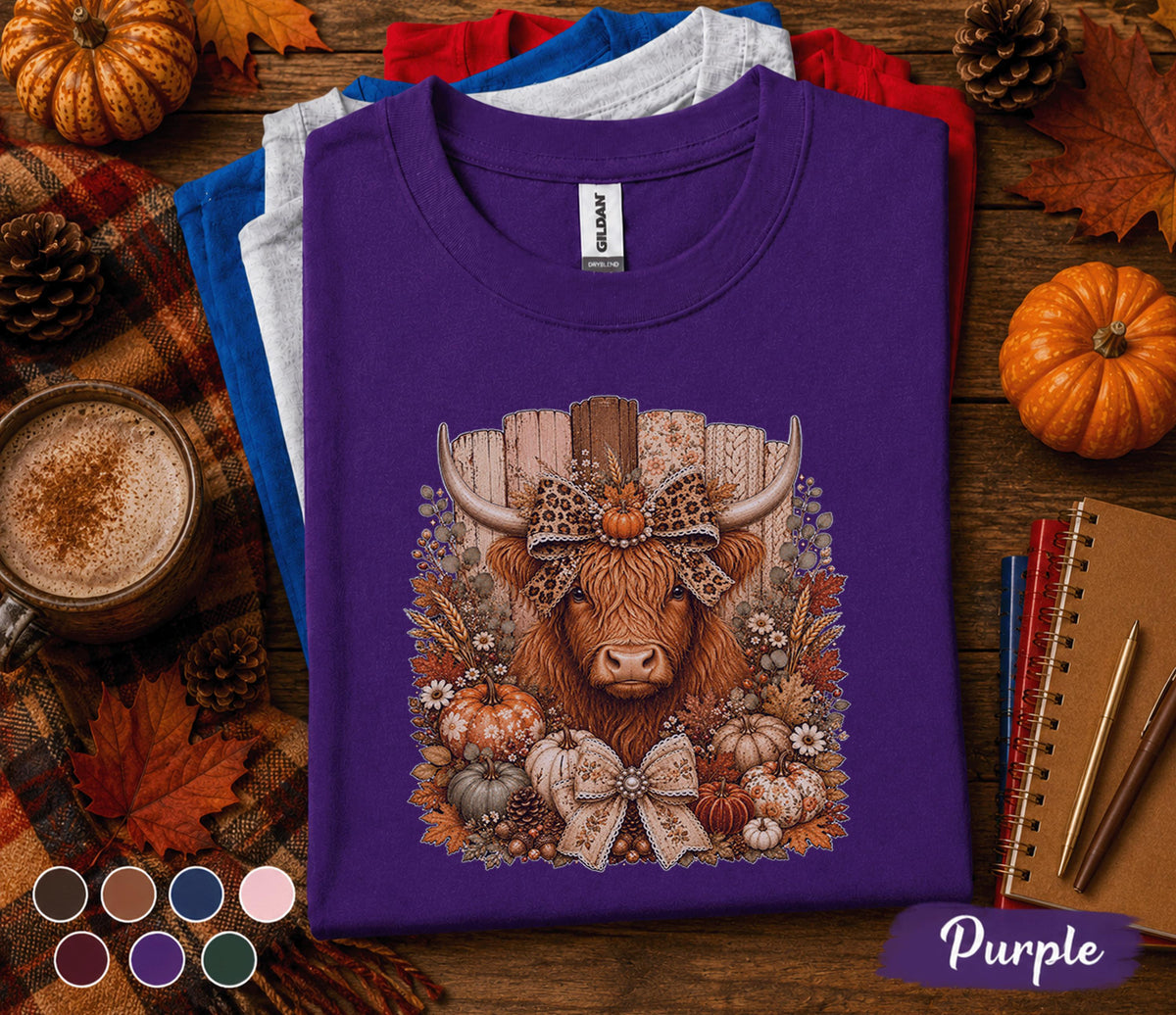 Highland Cow Fall Shirt, Cute Highland Cow Pumpkin Sweatshirt, Farmer Autumn Farmhouse Tee, Cozy Harvest Cow Gift, Western Fall Shirt Women