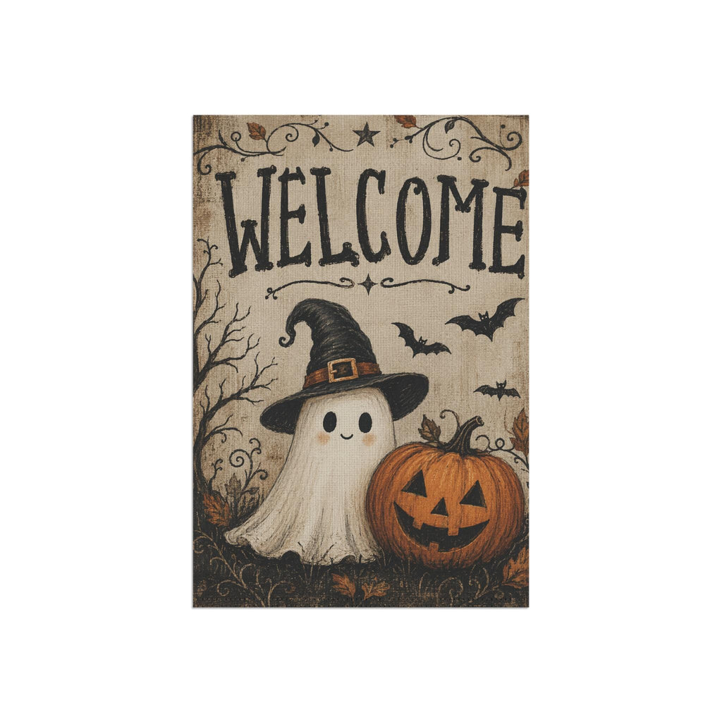 Ghost Witch Halloween Garden Flag, Welcome Pumpkin Yard Decor, Cute Spooky Witch Hat Ghost, Vintage Halloween Outdoor Porch Decoration